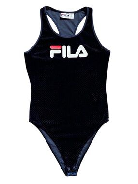 Fila Navy Blue Velvet Logo Bodysuit Medium Racerback Snap Closure 2000’s Y2K